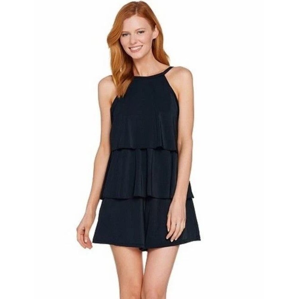 Fit 4 U Hi-Neck Double Tiered Romper Swimsuit Black Size 16 EUC